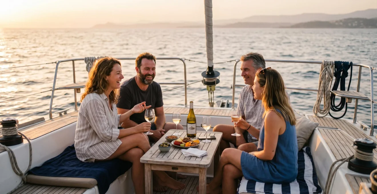 Groupe de passagers détendus partageant un apéritif sur le pont arrière d'un catamaran au coucher du soleil, verres à pied et collations méditerranéennes sur table basse, lumière dorée rasante