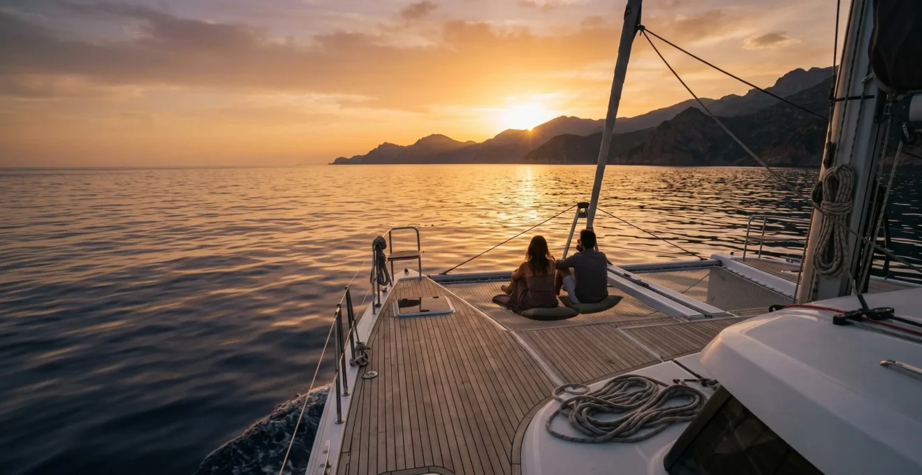 Pont avant d'un catamaran naviguant au coucher du soleil en Méditerranée au large de la Corse, deux passagers assis face à l'horizon, ciel dégradé orange et pourpre, mer calme avec reflets dorés