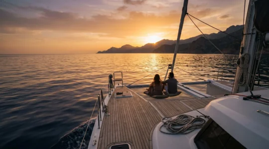 Pont avant d'un catamaran naviguant au coucher du soleil en Méditerranée au large de la Corse, deux passagers assis face à l'horizon, ciel dégradé orange et pourpre, mer calme avec reflets dorés