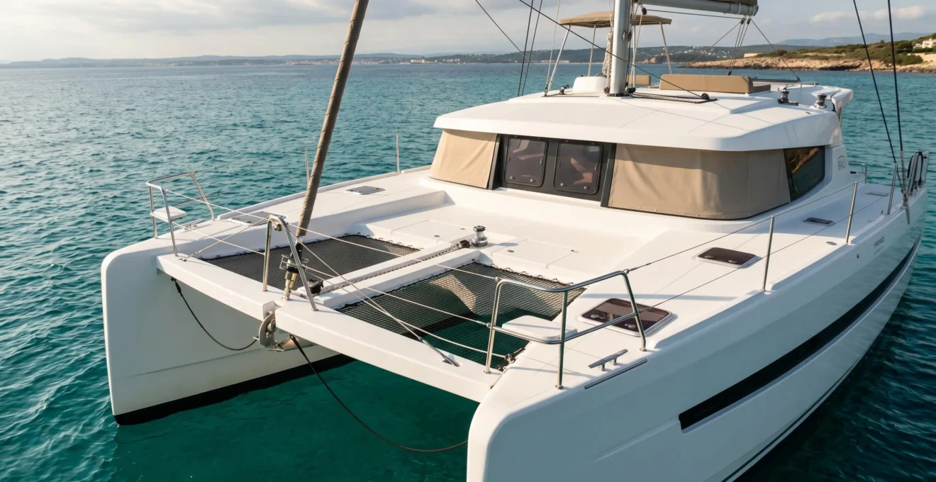 Vue latérale en plongée d'un catamaran moderne blanc à double coque sur eau turquoise, mettant en évidence le pont avant spacieux et l'architecture à deux coques parallèles